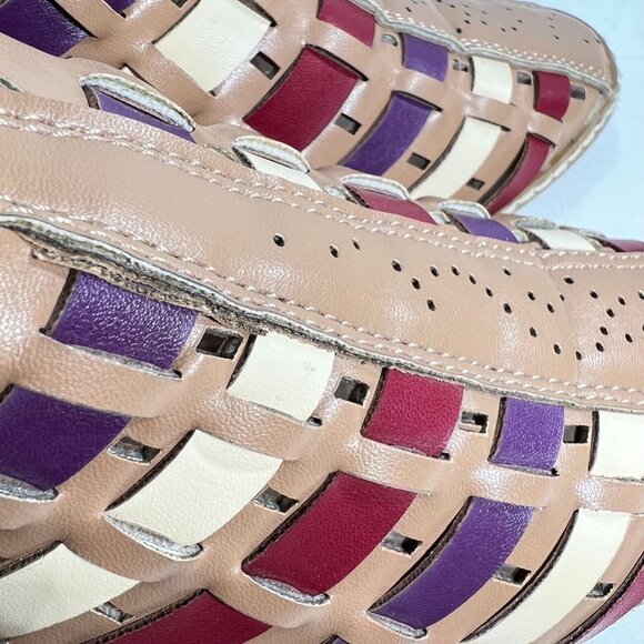 Multicolor Woven Slingback Shoes Kitten Heel Perforated Stripes 35 Tan Purple - Picture 2 of 8